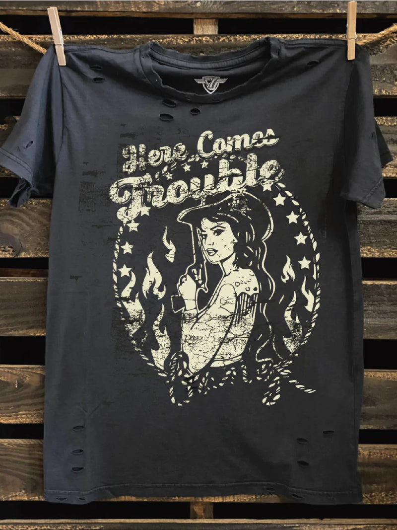 Here Comes Trouble Distressed Tee